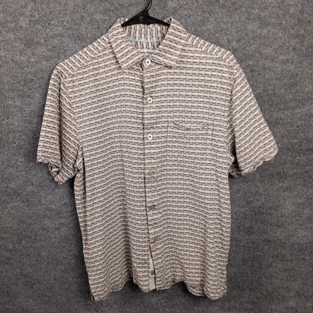 Tommy Bahama Mens Small Brown Silk Short Sleeve Button Up Shirt Chest Pocket